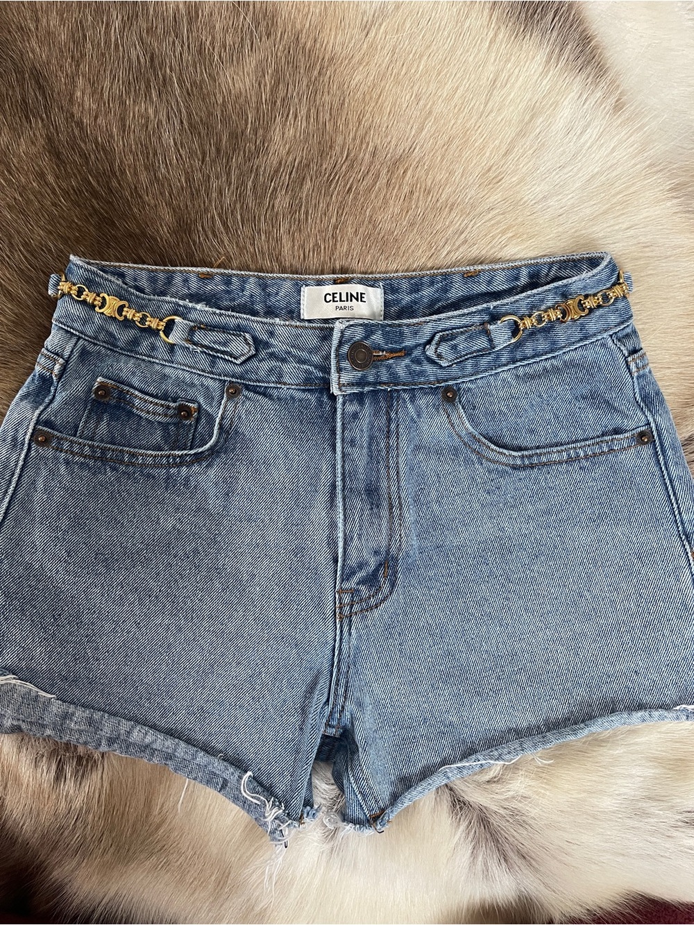 Celine Light Blue Denim Shorts with Copper Button